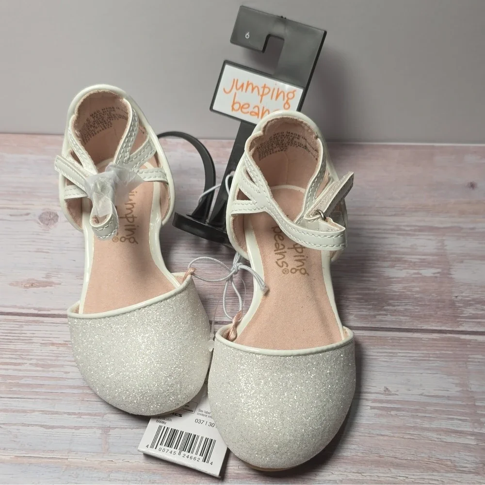 Jumping Beans Girls Mary Jane Dress Shoes Silver Glitter Hook & Loop US 6 M